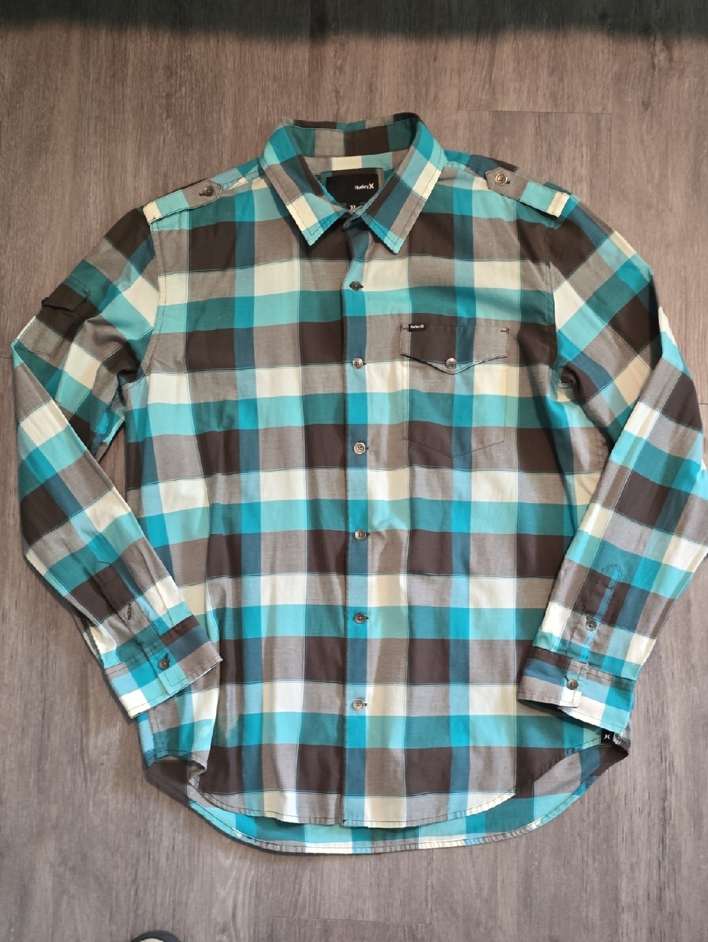 Hurley Teal, Gray and White Plaid Button-Down Shirt